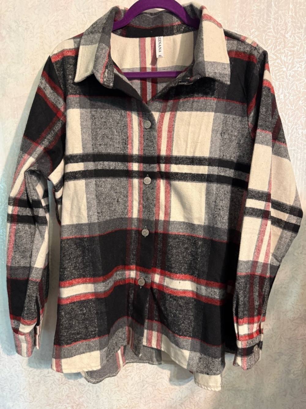 Zenana Outfitters Plaid Shacket in Black, Cream & Red, Thick And Very Warm XL